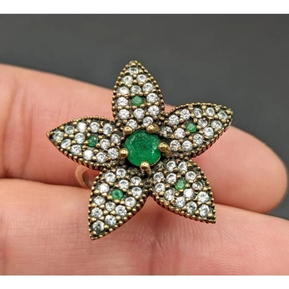 Sterling Silver & Bronze Pave Unknown Stones Flower Statement Ring Sz 6 1/2 6.5